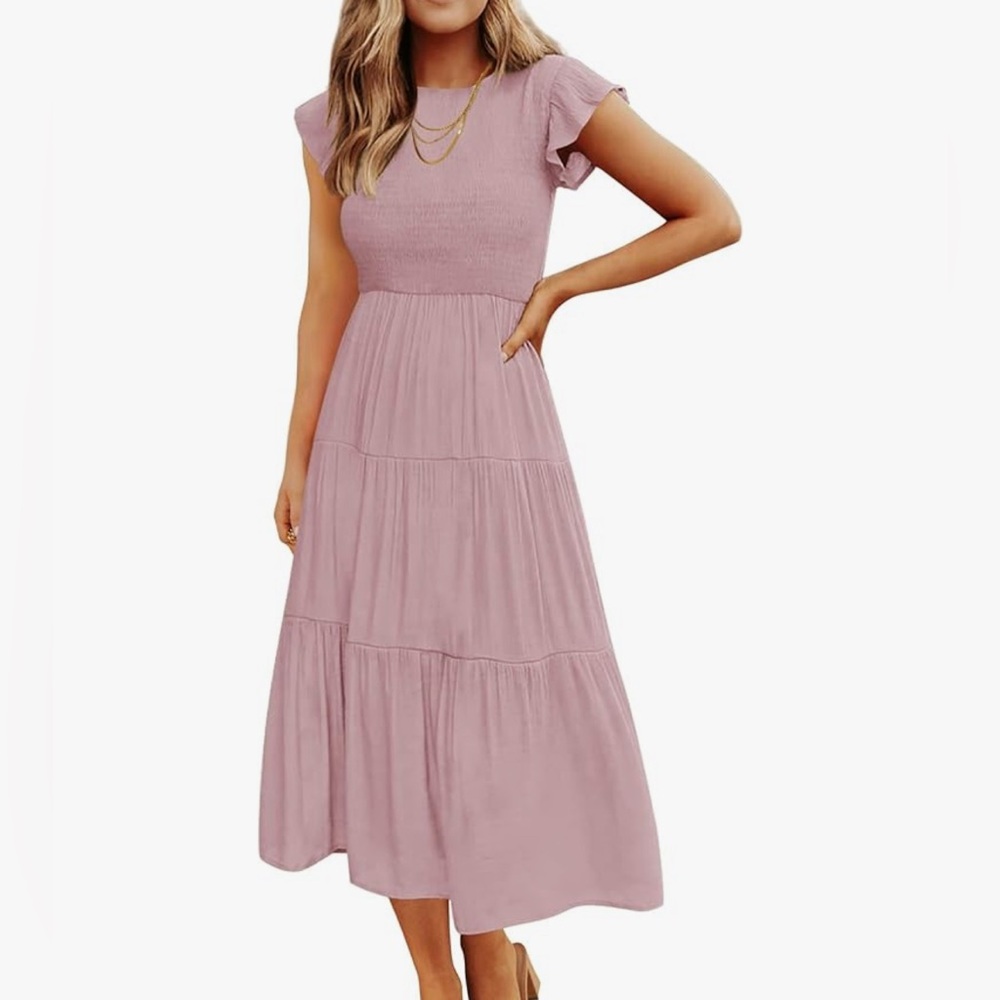 ZESICA Women’s Flutter-Sleeve Smocked Tiered Midi Dress (Small)